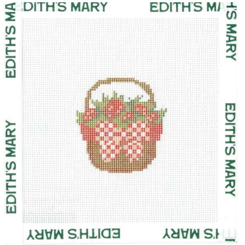 Needle Point design of a basket with flowers on a white background with 'Edith's Mary' branding.