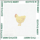 Needle Point pattern with a chicken design on a white fabric background, branded 'Edith's Mary'.