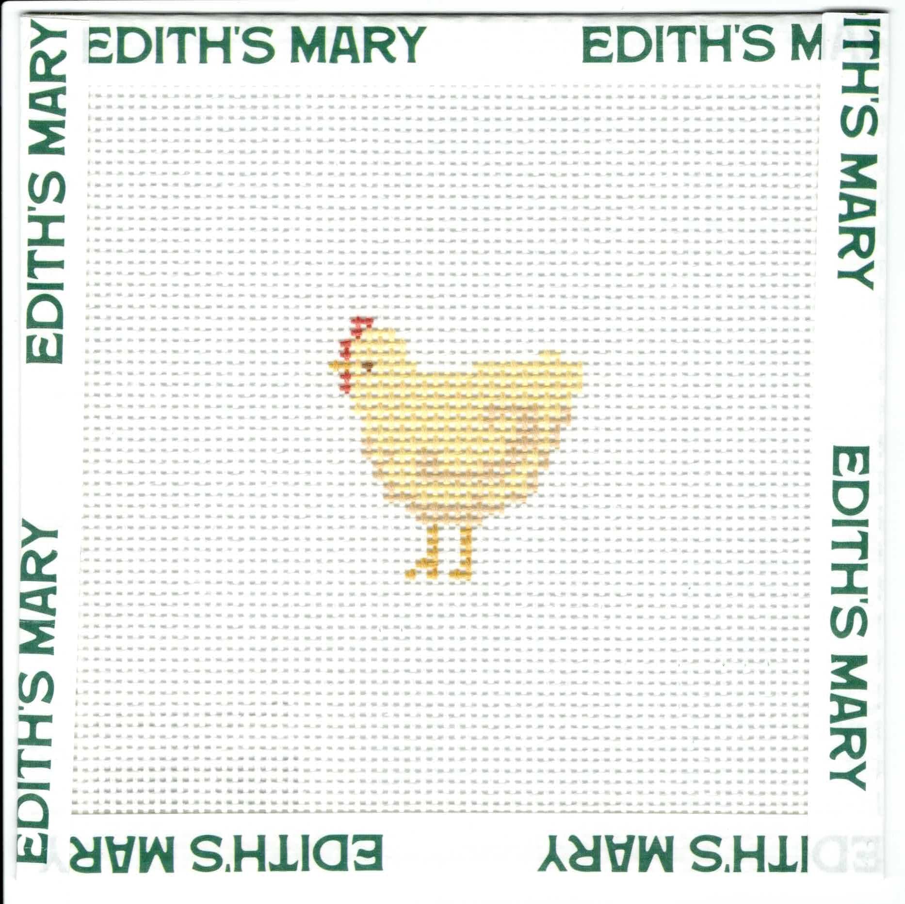 Needle Point pattern with a chicken design on a white fabric background, branded 'Edith's Mary'.