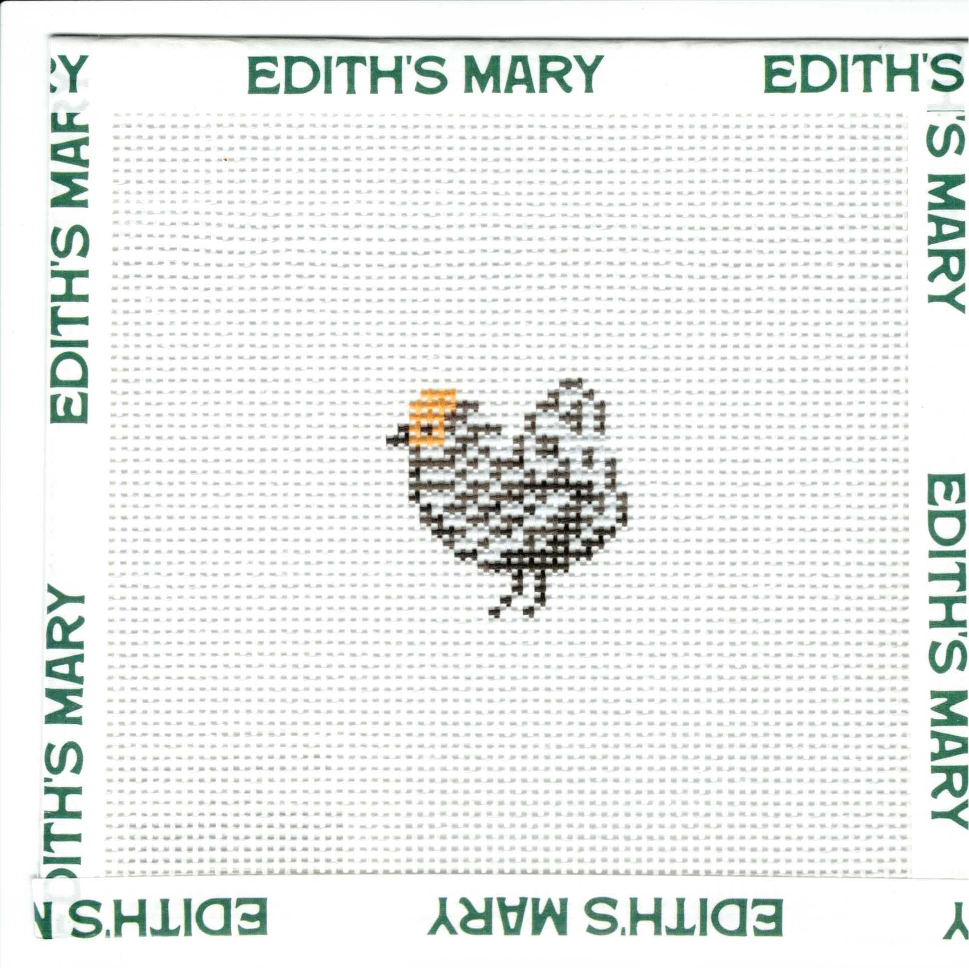 Needlepoint pattern for a chicken design on a white fabric with 'Edith's Mary' branding.