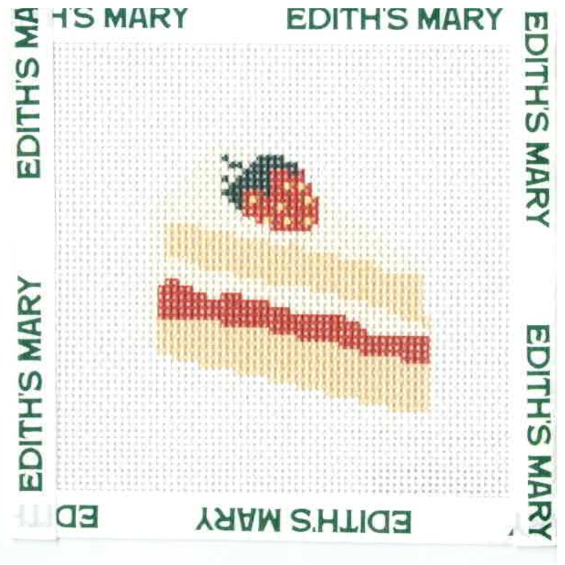 Needle Point design of a strawberry and leaf on a white background with 'Edith's Mary' branding.
