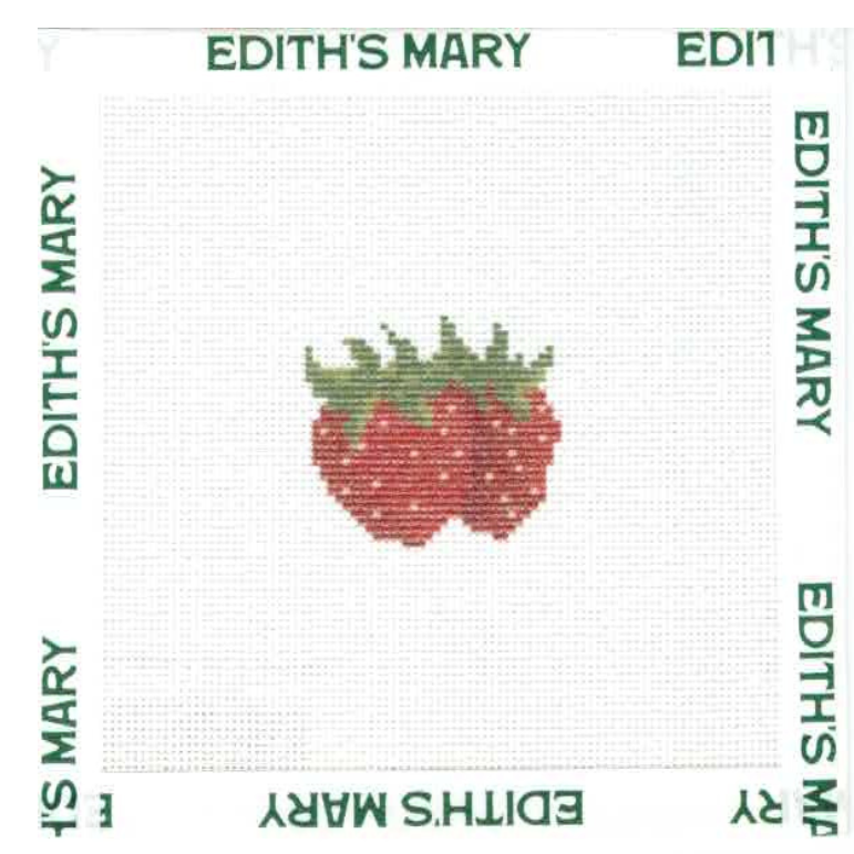 Needlepoint design of a strawberry with leaves on a white background, surrounded by 'EDITH'S MARY' text.